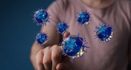 Person interacting with floating coronavirus cells, concept of prevention, digital visualization, infection co