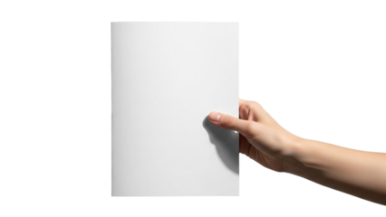 Hand holding blank white paper against white background
