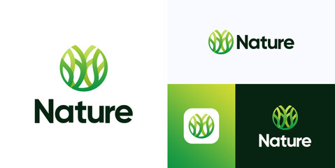 Circle green plant logo icon design vector, representing nature for field or land, tree leaf foliage symbol with line stylized for growth agriculture, ecology environment protection and brand identity