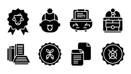 Set of black icons representing business documents and achievement symbols