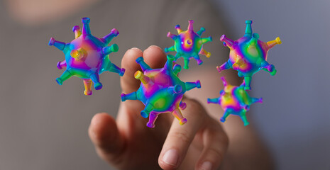 Fototapeta premium Artistic rendering of viral particles interacting with human touch. Conceptual illustration of health science