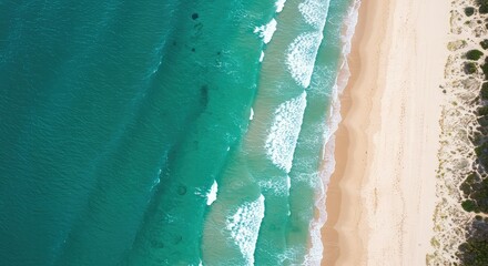 Aerial view of turquoise ocean waves gently lapping onto a pristine sandy beach with lush greenery in the background on a sunny day