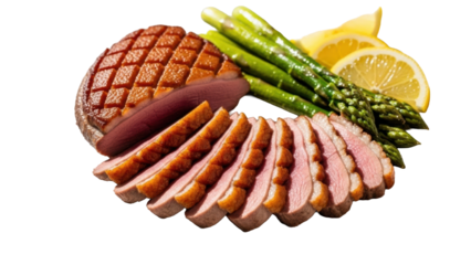Seared duck breast isolated PNG on transparent background, sliced with asparagus and lemon wedges, gourmet food for restaurant menu
