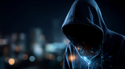 Faceless hooded hacker data breach concept cybersecurity threat scenario information security compromise digital crime visualization anonymous attacker representation