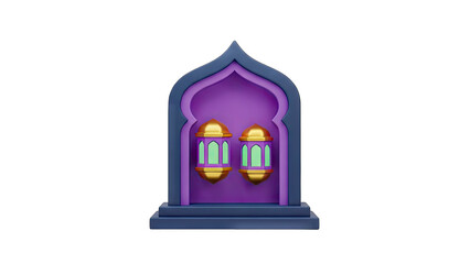 Islamic Archway With Golden Lanterns Illuminated With Green Light In Purple And Blue Tones Isolated On Transparent Background
