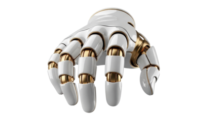 Elegant white and gold robot hand PNG isolated on transparent background, futuristic technology concept for design and creative projects