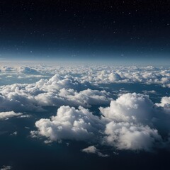 Aerial view of white fluffy clouds in blue sky with stars at night