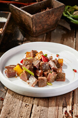Black pepper king oyster mushroom beef cubes