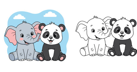 Cute cartoon baby elephant and little panda bear sitting together as best friends vector illustration for kids nursery design © MstSangita