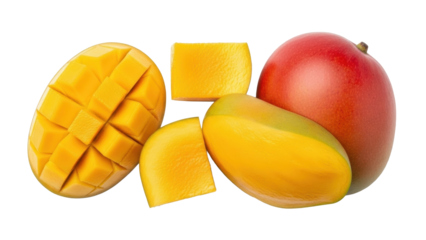 Ripe mango fruit isolated PNG, tropical fruit with yellow and red skin, healthy eating ingredient for smoothies and desserts on transparent background