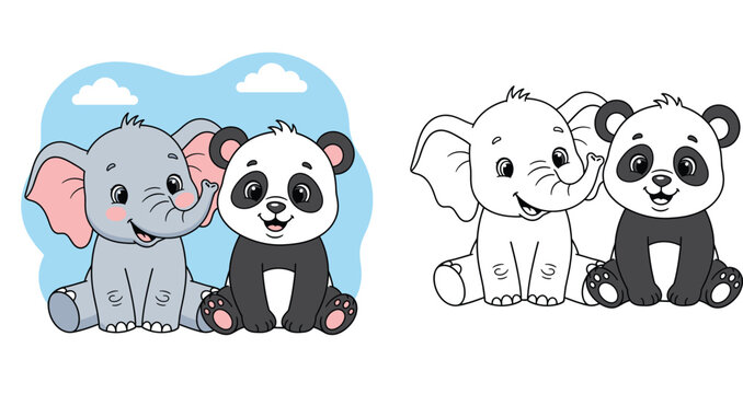 Cute cartoon baby elephant and little panda bear sitting together as best friends vector illustration for kids nursery design