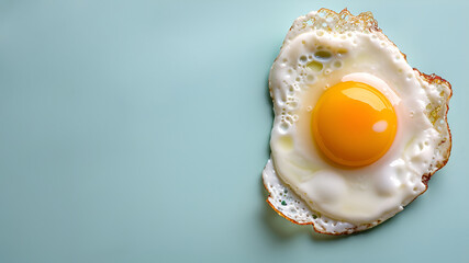 Fried egg on light blue background for breakfast and culinary design