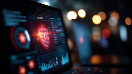 Cyber attacks visualization interface data security concept display computer protection system virus alert notification cybersecurity threat warning defocused digital screen