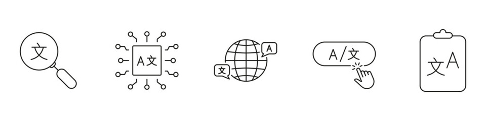 Global Translation and Language Tools Line Icon Set. Includes Search, World, Text, and Clipboard Outline Symbols. Editable Stroke. Isolated Vector Illustration
