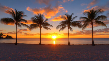 Obraz premium Palm tree silhouette sunset beach, tropical ocean landscape, dramatic sky, peaceful mood