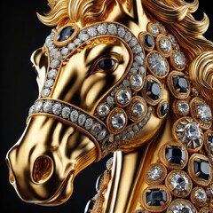 Gold Horse. lunar New year Zodiac Sign. Jewelry Glowing Treasure. Amazing Glamour Mascot. Decoration for Art Deco Party Card Invitation. Rich Luxury Diamond Brilliant Animal  Brooch Portrait