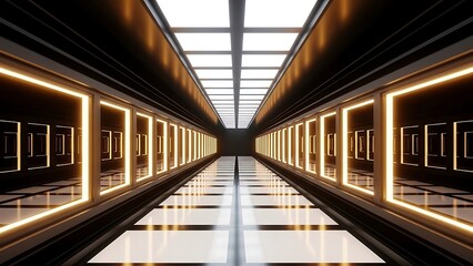 A long, dark sci-fi tunnel illuminated by sequential golden light rectangles