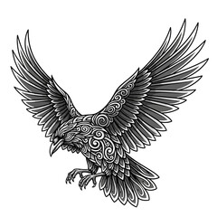 Intricate Raven Bird Illustration with Ornate Swirl Patterns, Stylized Flying Creature