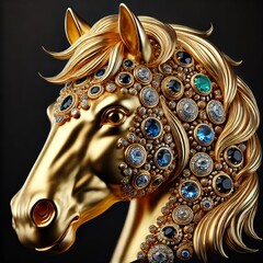 Gold Horse. lunar New year Zodiac Sign. Jewelry Glowing Treasure. Amazing Glamour Mascot. Decoration for Art Deco Party Card Invitation. Rich Luxury Diamond Brilliant Animal  Brooch Portrait