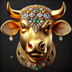Gold Cow. lunar New year Zodiac Sign. Jewelry Glowing Treasure. Amazing Glamour Mascot. Decoration for Art Deco Party Card Invitation. Rich Luxury Diamond Brilliant Animal Brooch Portrait