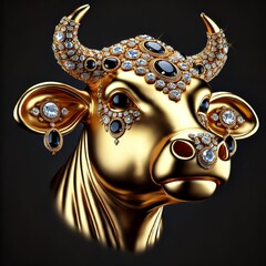 Gold Cow. lunar New year Zodiac Sign. Jewelry Glowing Treasure. Amazing Glamour Mascot. Decoration for Art Deco Party Card Invitation. Rich Luxury Diamond Brilliant Animal Brooch Portrait