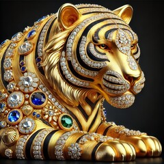 Gold Tiger. lunar New year Zodiac Sign. Jewelry Glowing Treasure. Amazing Glamour Mascot. Decoration for Art Deco Party Card Invitation. Rich Luxury Diamond Brilliant Animal Brooch Portrait