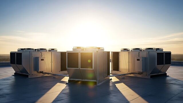 Modern industrial rooftop air handling units against a bright sky during sunrise or sunset