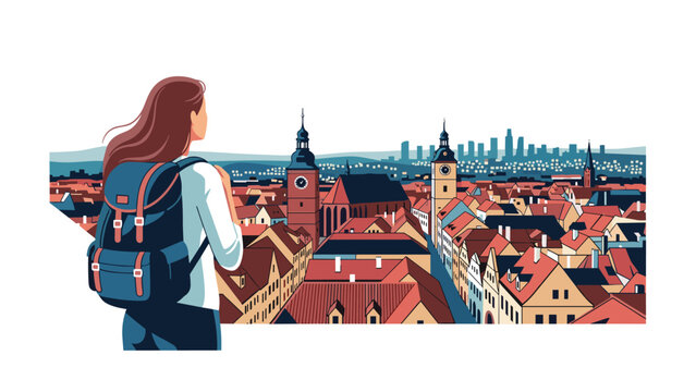 Woman with backpack looking out over a cityscape with colorful buildings and a distant skyline