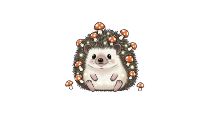 Cute cartoon forest hedgehog isolated illustration decorated with mushrooms and glowing lights isolated PNG with Transparent Background