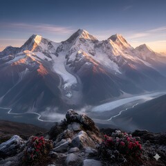 Landscape view of mountains with natural plant and flow of water land ice