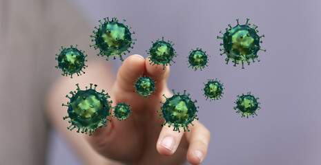 Conceptual image of a hand touching floating coronavirus cells, symbolizing the spread of the virus and the pa