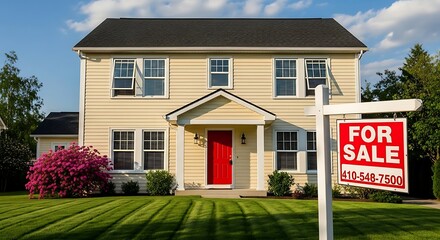 A two-story residence with a red door and a "For Sale" sign in the front yard. Lush greenery surrounds