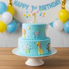 A two-tiered birthday cake with animal decorations on a pedestal stand, balloons, and "Happy 1st Birthday" sign