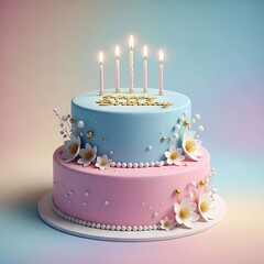 A two-tiered birthday dessert in pastel hues, featuring candles, floral accents, and a "Happy Birthday" inscription
