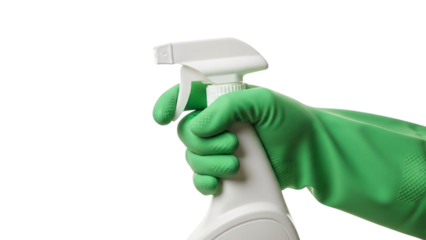 Hand wearing green glove holding white spray bottle