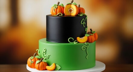 A two-tiered dessert cake is decorated with orange pumpkins and green vines. The cake has a black and green frosting, a white base, and a golden background