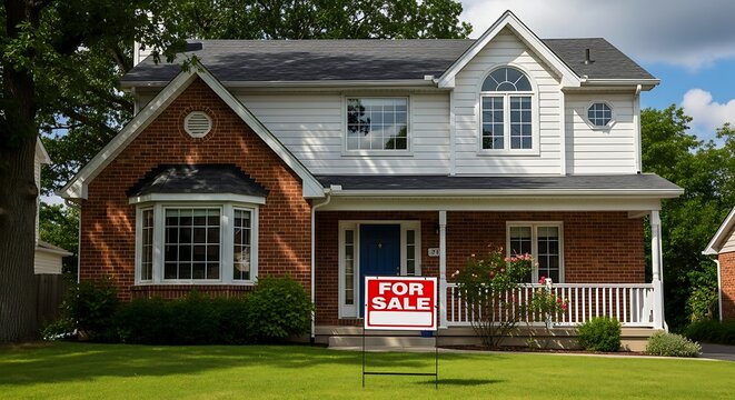 A two-story home, red brick and white siding, with a porch, dormer window, and a "For Sale" sign on the front lawn