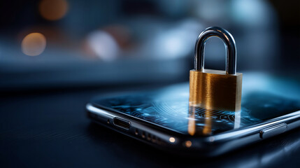 Smartphone and padlock security visualization mobile device protection data encryption concept privacy control display secure access representation defocused device surface