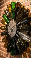 A unique wall clock decor crafted from repurposed glass bottles, arranged in a circular design against a brick wall