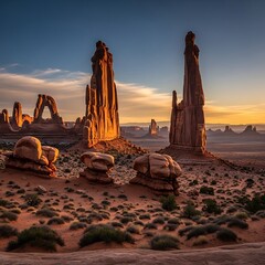 A vast desert landscape during a vibrant sunset. Towering rock formations stand tall, silhouetted against a golden sky with scattered clouds. The foreground features low-lying scrub