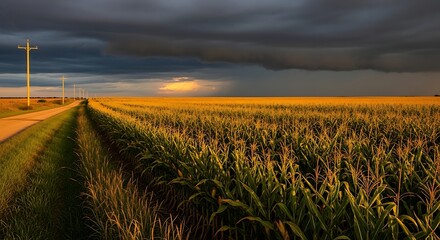 A vast cornfield under a dramatic, stormy sky at sunset. A straight road and power lines lead toward the horizon