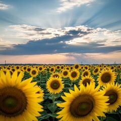 A vast field of bright yellow sunflowers basks in the golden light of a setting sun. Dramatic sky with sunbeams breaks through clouds