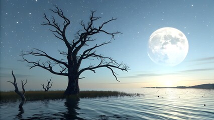 3d render of a dead tree in see with moon in sky design
