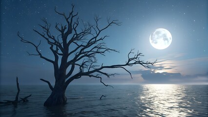 3d render of a dead tree in see with moon in sky 