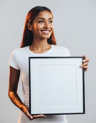 Beautiful Asian Woman Holding Blank Square Frame Mockup Approval Gesture