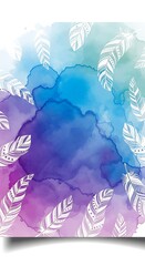 A vertical abstract art piece features a vibrant watercolor background with shades of purple, blue, and green, adorned with white feather illustrations