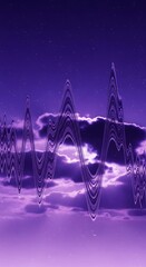 A vertical abstract composition featuring a gradient purple sky with stars. Dark clouds are in the middle with a wavy line overlay
