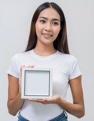 Beautiful Asian Woman Holding Blank Square Frame Mockup Approval Gesture