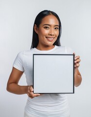 Beautiful Asian Woman Holding Blank Square Frame Mockup Approval Gesture