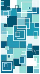 A vertical abstract composition featuring various overlapping, multi-colored squares and rectangles. Shades of blue create a dynamic, modern design
